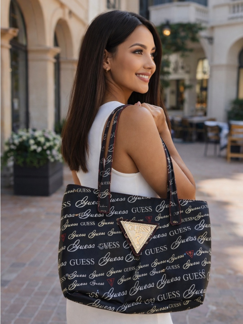 GUESS Logo Medium Tote Bag Black Signature Print Red Trim Shoulder Bag